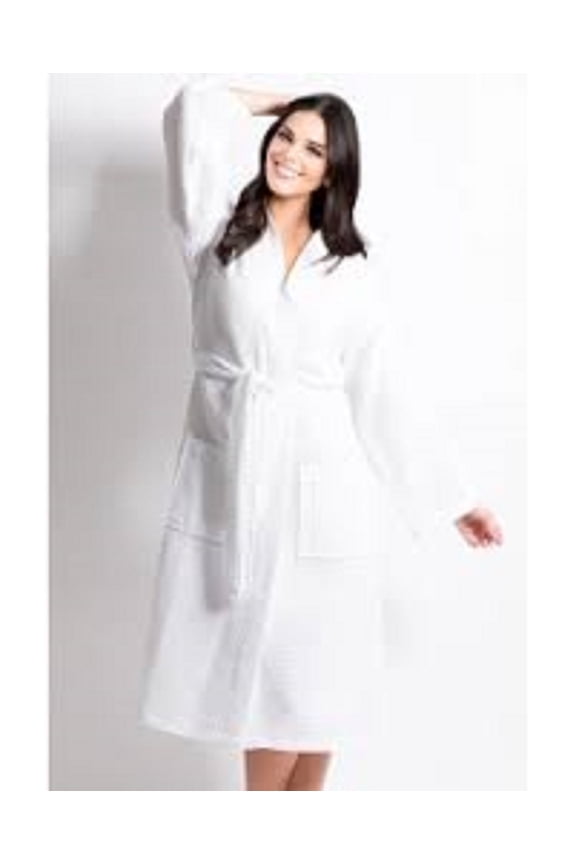Women's Waffle White Long Premium Cotton Blend Bathrobe (Medium)