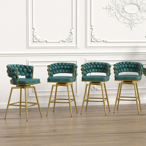 Toweling Woven Swivel Bar Stools Set of 4, Kitchen Island Chairs with Curved Back and Golden Legs, Upholstered Counter Stool with Footrest for Bar Pub Dining Room Kitchen, Blue
