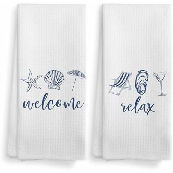 Towels and Dishcloths Set of 2, Beach Theme Bathroom Decor, Relax Beachy Nautical Seashell Decor Drying Cloth Hand Dish Towels for Guest Bathroom Kitchen, 16x24 Inch$$Home Decor, Kitchen, & Other