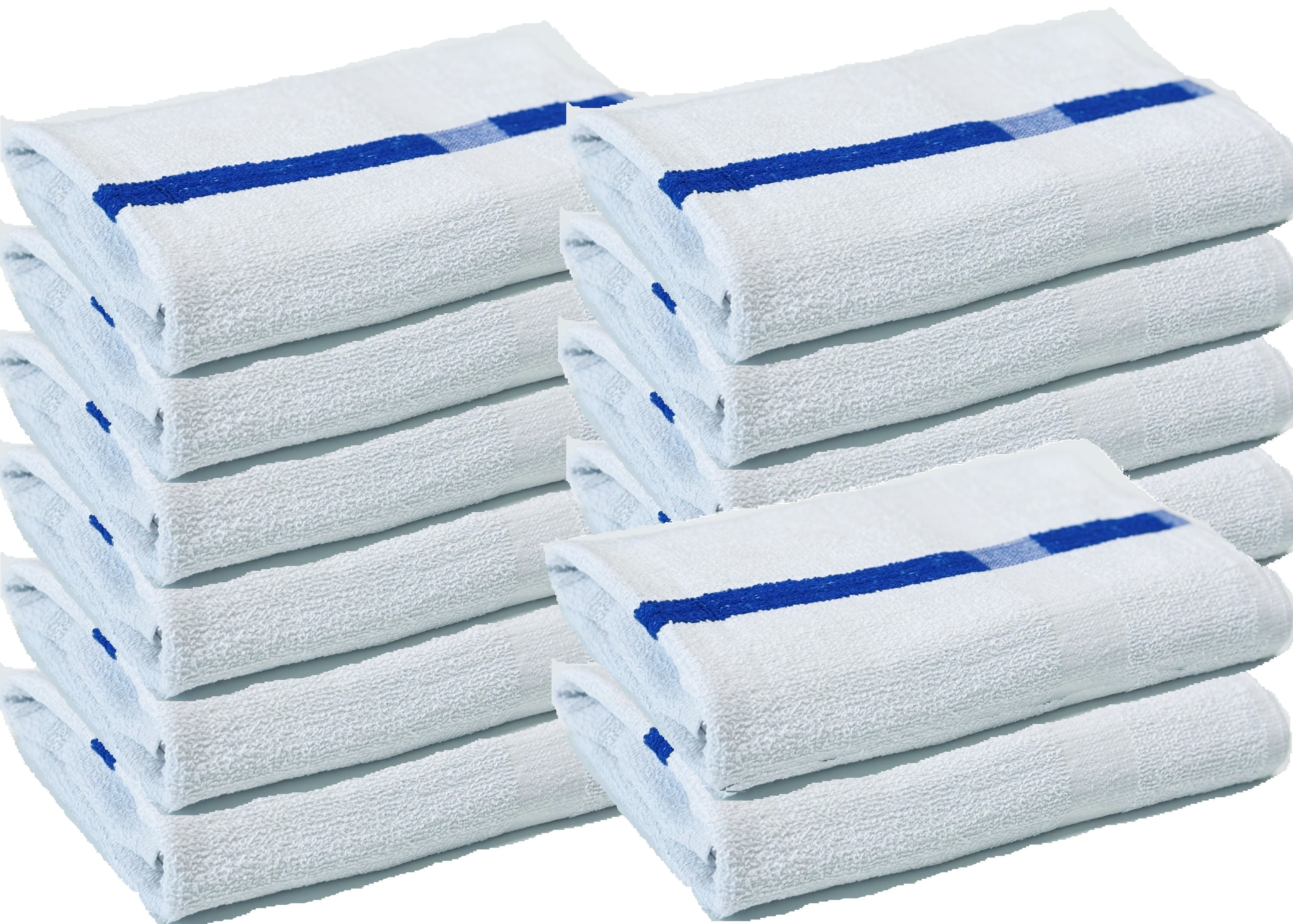 Towels N More 12 Pack 24x48 Soft Poolside Towels, Large Super Absorbent Pool Towel White with Blue Center Stripe for Home Pool Spa Gym Hotel Motel Rental Room Use 100% Cotton Bath Towels