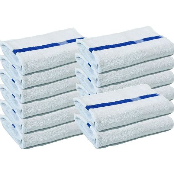 Towels N More 12 Pack 24x48 Soft Poolside Towels, Large Super Absorbent Pool Towel White with Blue Center Stripe for Home Pool Spa Gym Hotel Motel Rental Room Use 100% Cotton Bath Towels