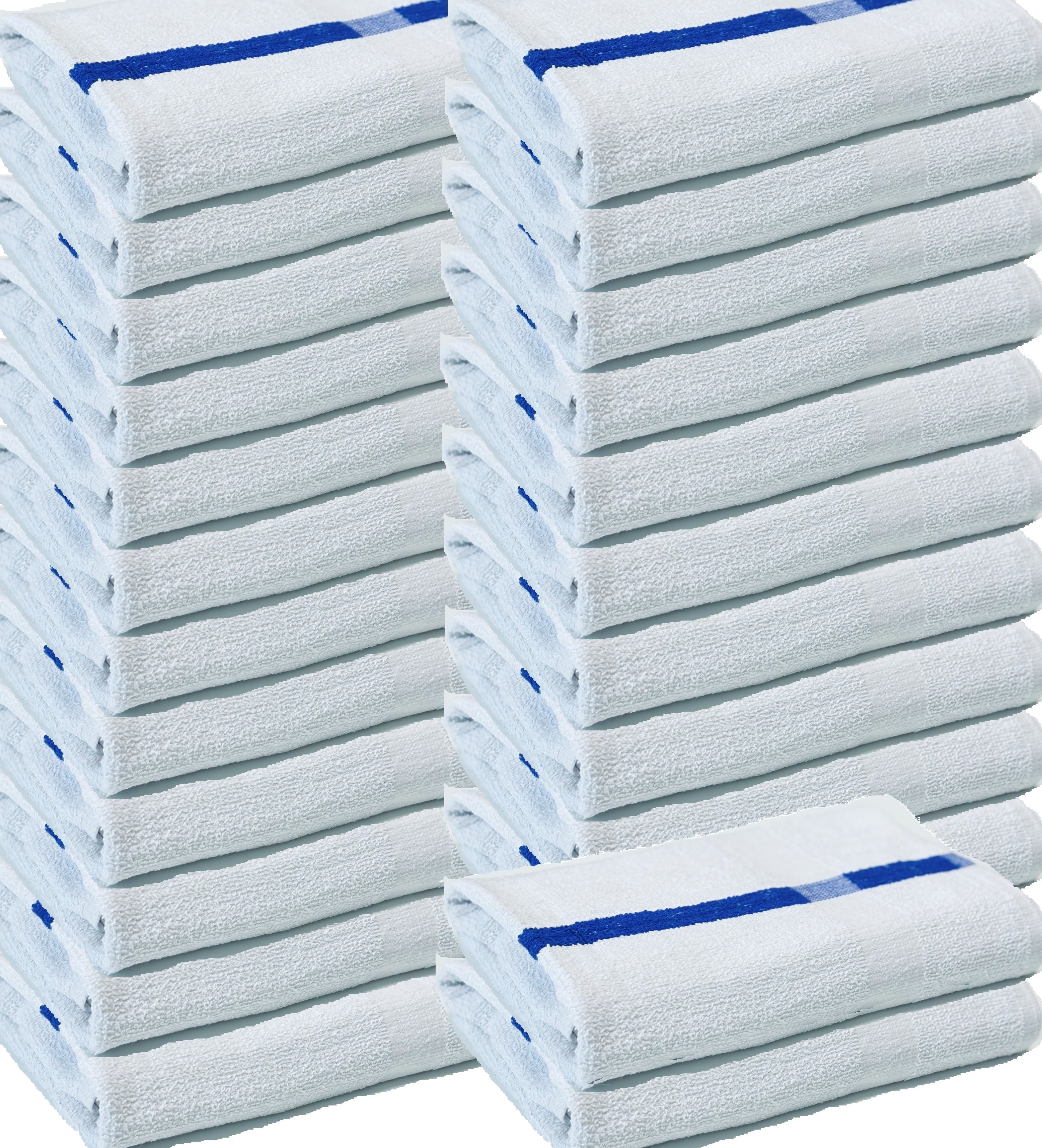 Towels N More 24 Pack 24x48 Soft Poolside Towels, Large Super Absorbent Pool Towel White with Blue Center Stripe for Home Pool Spa Gym Hotel Motel Rental Room Use 100% Cotton Bath Towels