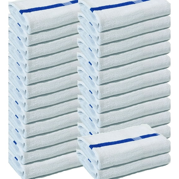 Towels N More 24 Pack 24x48 Soft Poolside Towels, Large Super Absorbent Pool Towel White with Blue Center Stripe for Home Pool Spa Gym Hotel Motel Rental Room Use 100% Cotton Bath Towels