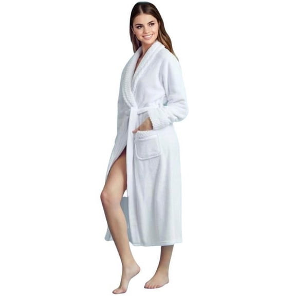 Towelsoft PLH-RB-Wh-XL Women Plush Shawl Collar Robe, Fleece Bathrobe, White - 2XL & One Size
