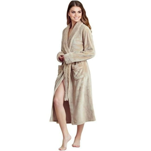 Towelsoft PLH-RB-bei-SM Women Plush Shawl Collar Robe, Fleece Bathrobe, Beige - Small & Medium