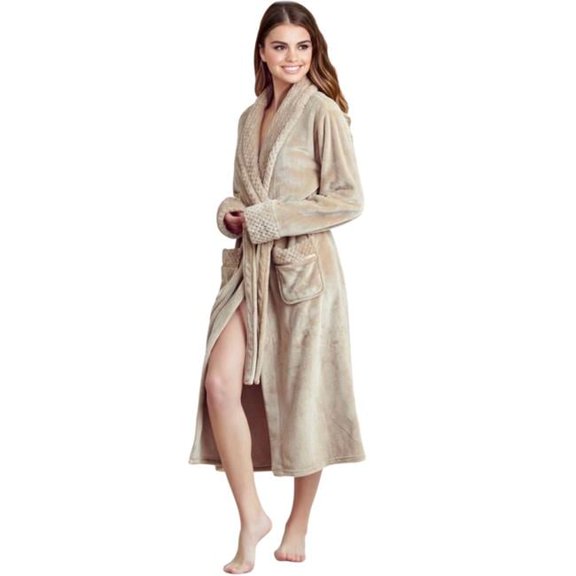 Towelsoft PLH-RB-bei-XL Women Plush Shawl Collar Robe, Fleece Bathrobe, Beige - 2XL & One Size