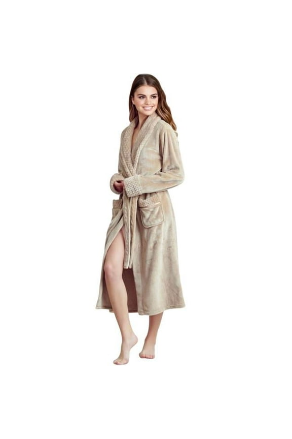 PLH-RB-bei-XL Women Plush Shawl Collar Robe, Fleece Bathrobe, Beige - 2XL & One Size