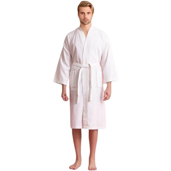 Towelsoft RM-MEN-WFL-WE-OS Unisex Mens Waffle Weave Kimono White Bathrobe - One Size
