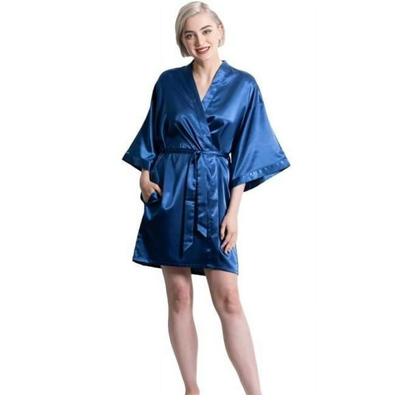 Towelsoft SatinR-SM-BLU Satin Kimono Midnight Blue Short Robe for Women - Small & Medium