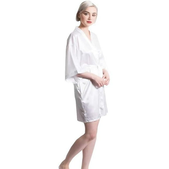 Towelsoft SatinR-SM-wh Satin Kimono White Short Robe for Women - Small & Medium