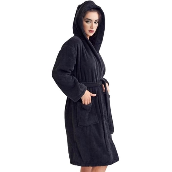 Towelsoft TS-Terry-HOOD-BLK-SM Womens Terry Black Bathrobe, Hooded - Small & Medium