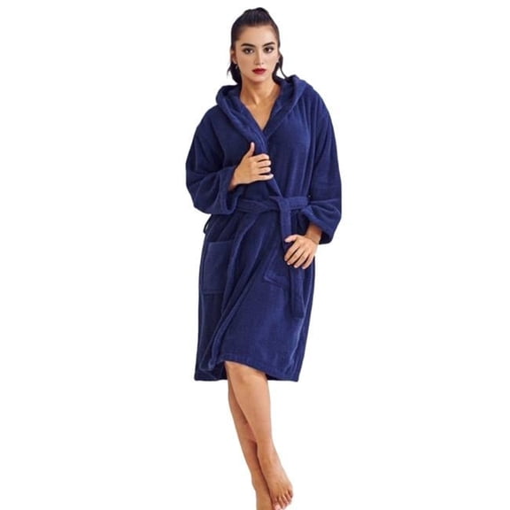 Towelsoft TS-Terry-HOOD-NVY-LGOS Womens Terry Navy Bathrobe, Hooded - Large & One Size