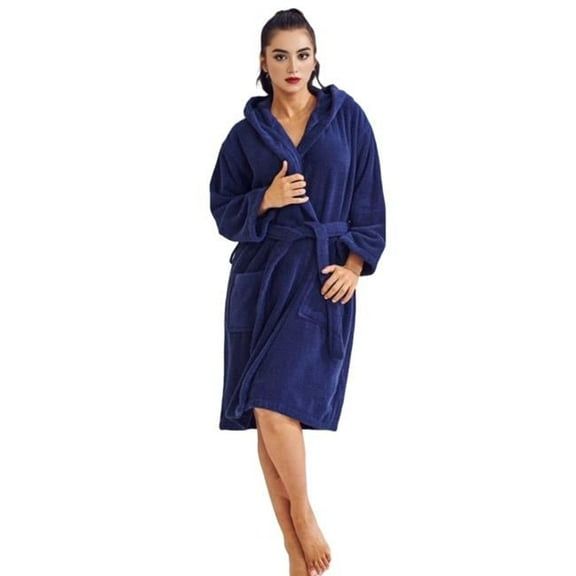 Towelsoft TS-Terry-HOOD-NVY-SM Womens Terry Navy Bathrobe, Hooded - Small & Medium