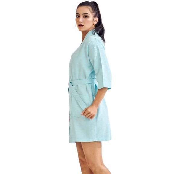 Towelsoft WM-Waffle-Shrt-CRBBLU-SM Womens Short Cotton Blend Waffle Kimono Caribbean Blue Bathrobe - Small & Medium