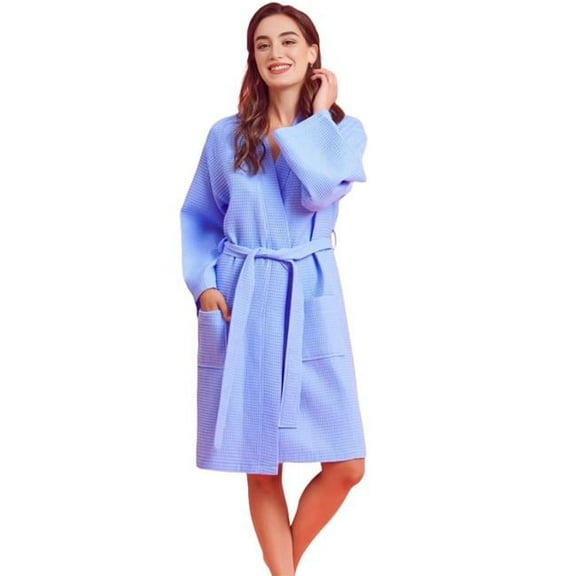 Towelsoft WM-Waffle-Shrt-LGHTBLU-SM Womens Short Cotton Blend Waffle Kimono Light Blue Bathrobe - Small & Medium