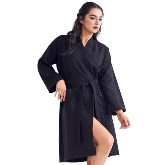 Towelsoft WM-Wfl-Km-Rbs-Lng-BLK-OS 100 Percent Turkish Cotton Womens Waffle Kimono Bathrobe, Black - One Size