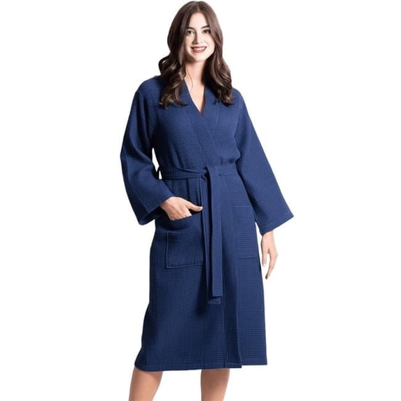 Towelsoft WM-Wfl-Km-Rbs-Lng-INDG-M Womens Waffle Indigo Long Premium Cotton Blend Bathrobe - Medium