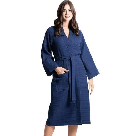 Towelsoft WM-Wfl-Km-Rbs-Lng-INDG-S Womens Waffle Indigo Long Premium Cotton Blend Bathrobe - Small