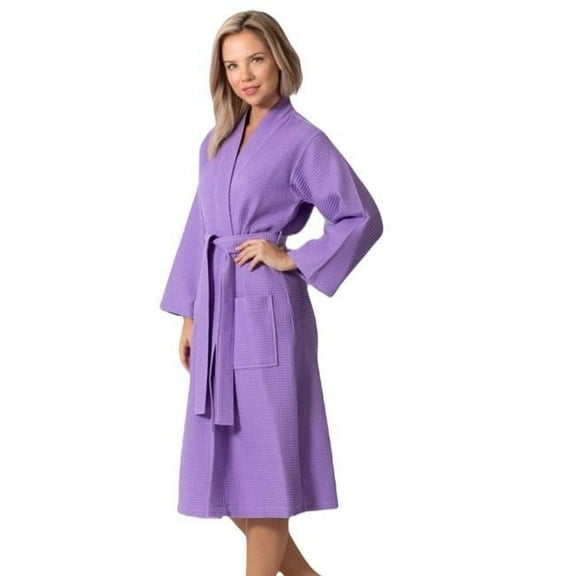 Towelsoft WM-Wfl-Km-Rbs-Lng-LIL-M Womens Waffle Lilac Long Premium Cotton Blend Bathrobe - Medium