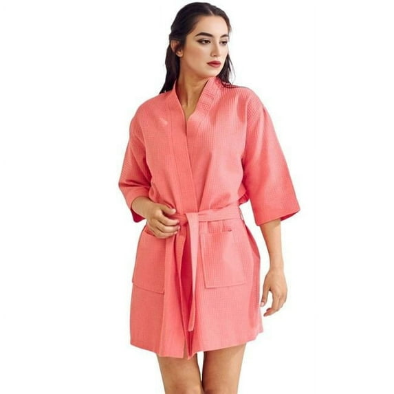 Towelsoft WM-Wfl-Km-Shrt-Rbs-PCHPNK-OS Womens Short Cotton Blend Waffle Kimono Peach Pink Bathrobe - One Size