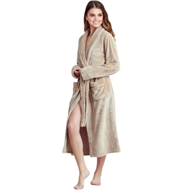 Beige S/M Plush Fleece Shawl Collar Bathrobe