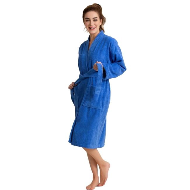Blue Cotton Terry Cloth Mid-Calf Bathrobe with Pockets