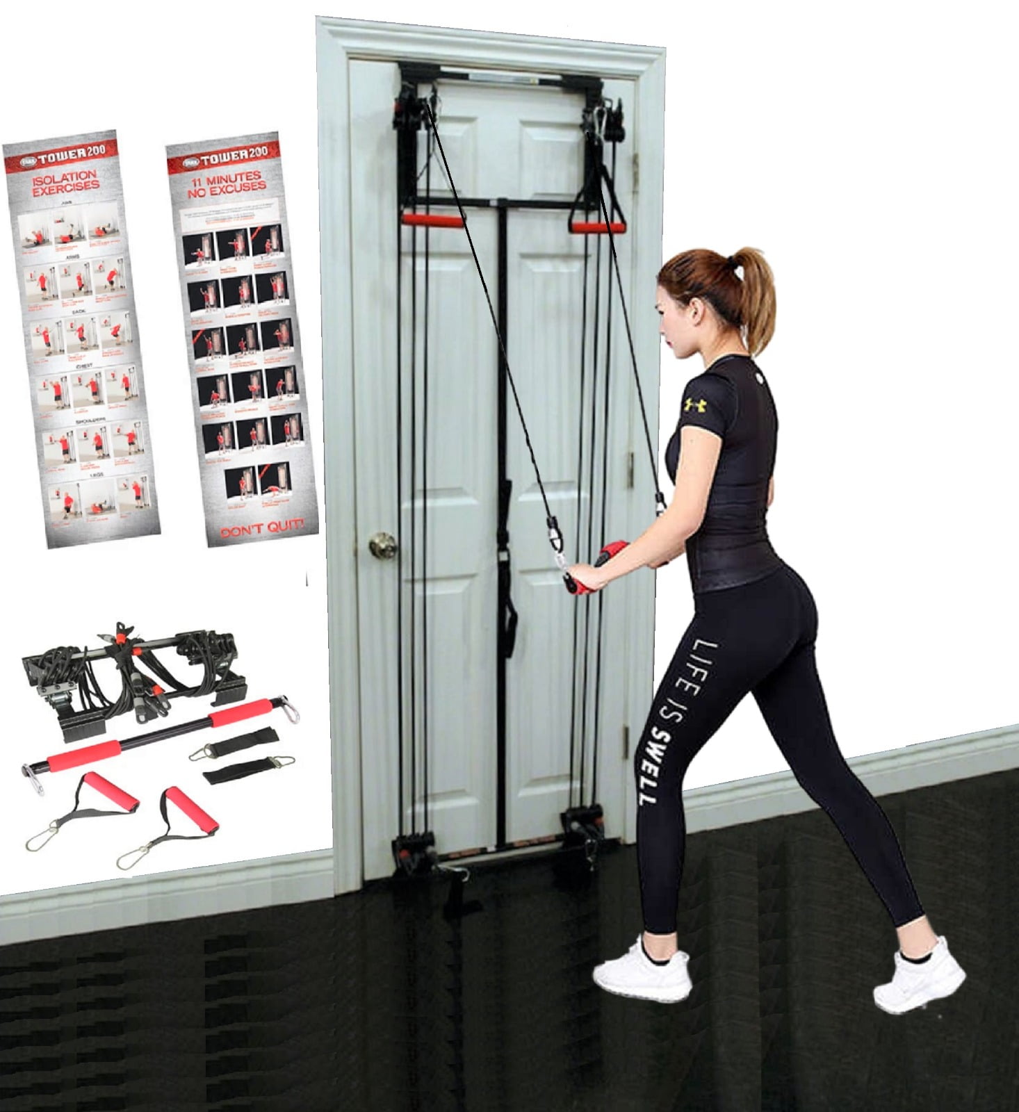 Tower 200 Door Gym Complete Full Body Workout Training System - Includes  Handles, Ankle Straps, Straight Bar, DVD + Workout Chart Home Gym Equipment