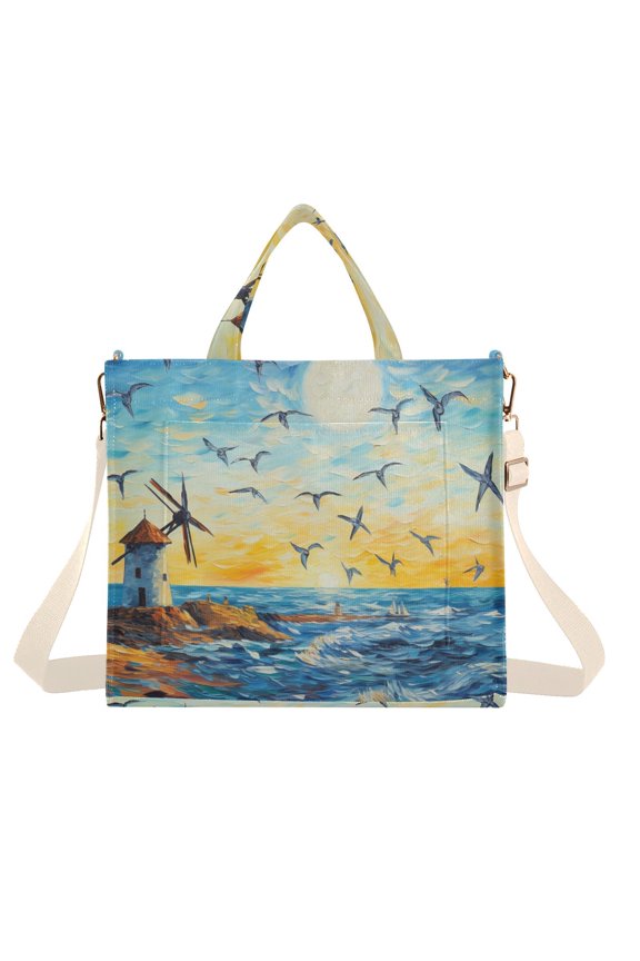 Tower Birds Sea Painting Sun Corduroy Tote Bag Handbag Large Messenger Bag Shoulder Crossbody Zipper Bag Purse