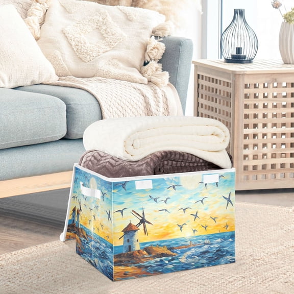 Tower Birds Sea Painting Sun Storage Basket Foldable Laundry Basket Shelf Kids Toy Storage Container Organizer with Handles