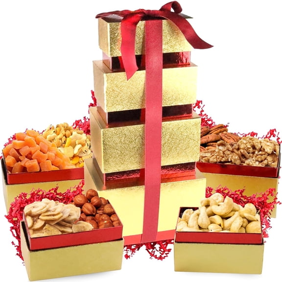 Tower Box Food Gifts with Walnut Rice Crackers Banana Chips Papaya Oregon Hazelnut Cashew Pecan Gift Basket for Everyone