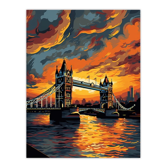 Tower Bridge And The Thames River Storm Clouds Orange And Grey London England Large Wall Art Poster Print Thick Paper 18X24 Inch