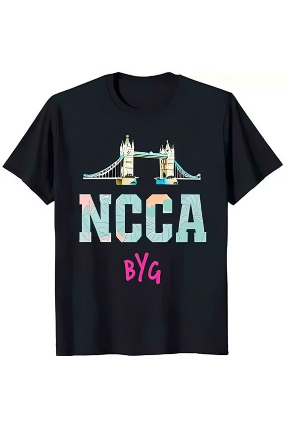 Tower Bridge Graphic Black T-Shirt with Colorful 'NCCCA BYG' Text