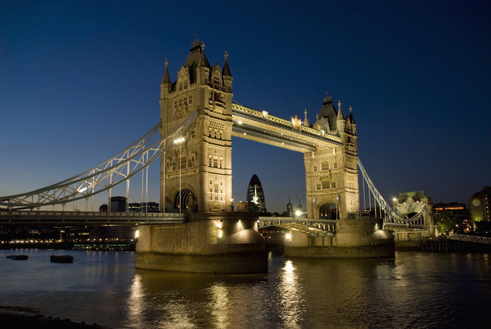 Tower Bridge Illuminated At Night LondonEnglandUk Canvas Art - Charles Bowman Design Pics (19 x 12)