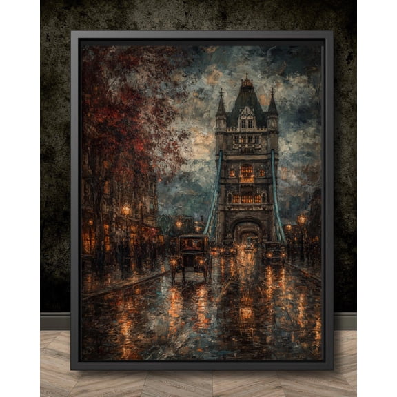 Tower Bridge London Art Poster, Rainy Night Street Scene, Vintage Cars, Gothic Cityscape Dark Academia Wall Decor Textured Style, Unframed Poster Size 8x12