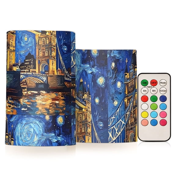 Tower Bridge in London Vincent Van Gogh Flickering Flameless Candles Battery Operated with Remote Timer LED Pillar Candles Set of 2