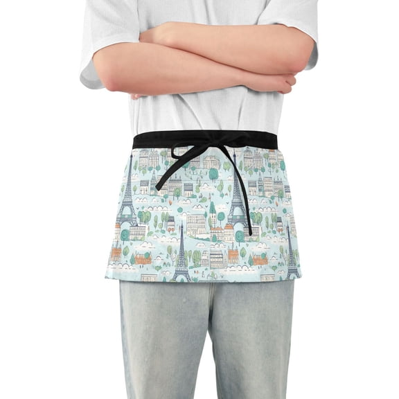 Tower Building Tree Server Apron with 3 Pockets Waterproof Waitress Waist Short Apron for Man Woman 12 Inches
