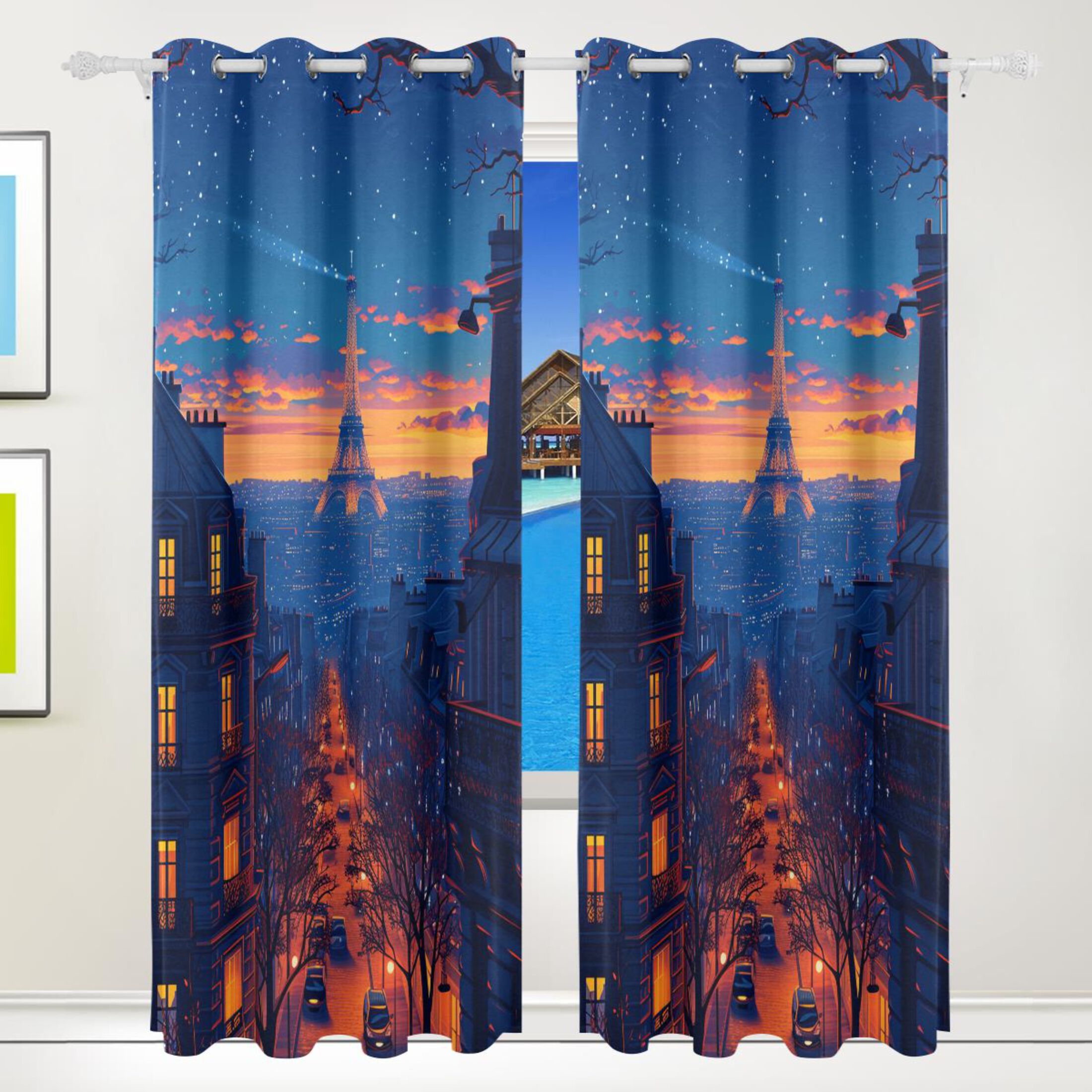 Tower Car Building in Night Blackout Curtains 72 inch Length 2 Panels ...