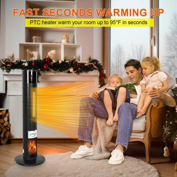 Home Tower Ceramic Heater w/ 3D Flame & Oscillation Function Touch Control Black