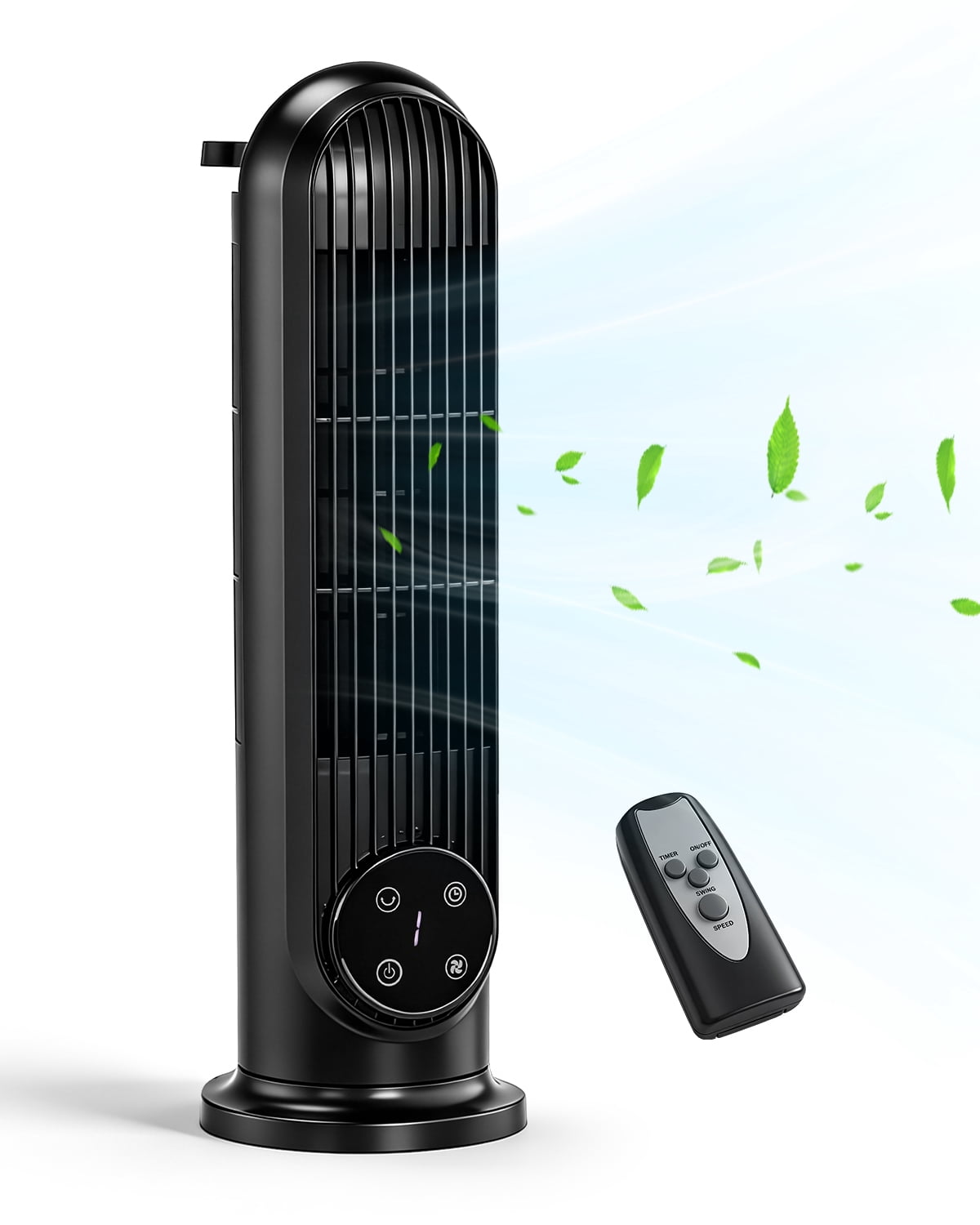 Tower Fan, 110V, 25W, 16 Inch Mini Column Tower Fan, Touch Control with Remote, Plastic Body, Copper Motor, Black, 3 Speed, Oscillating, 9-Hour Timer, Floor & Wall Mount for Home Use