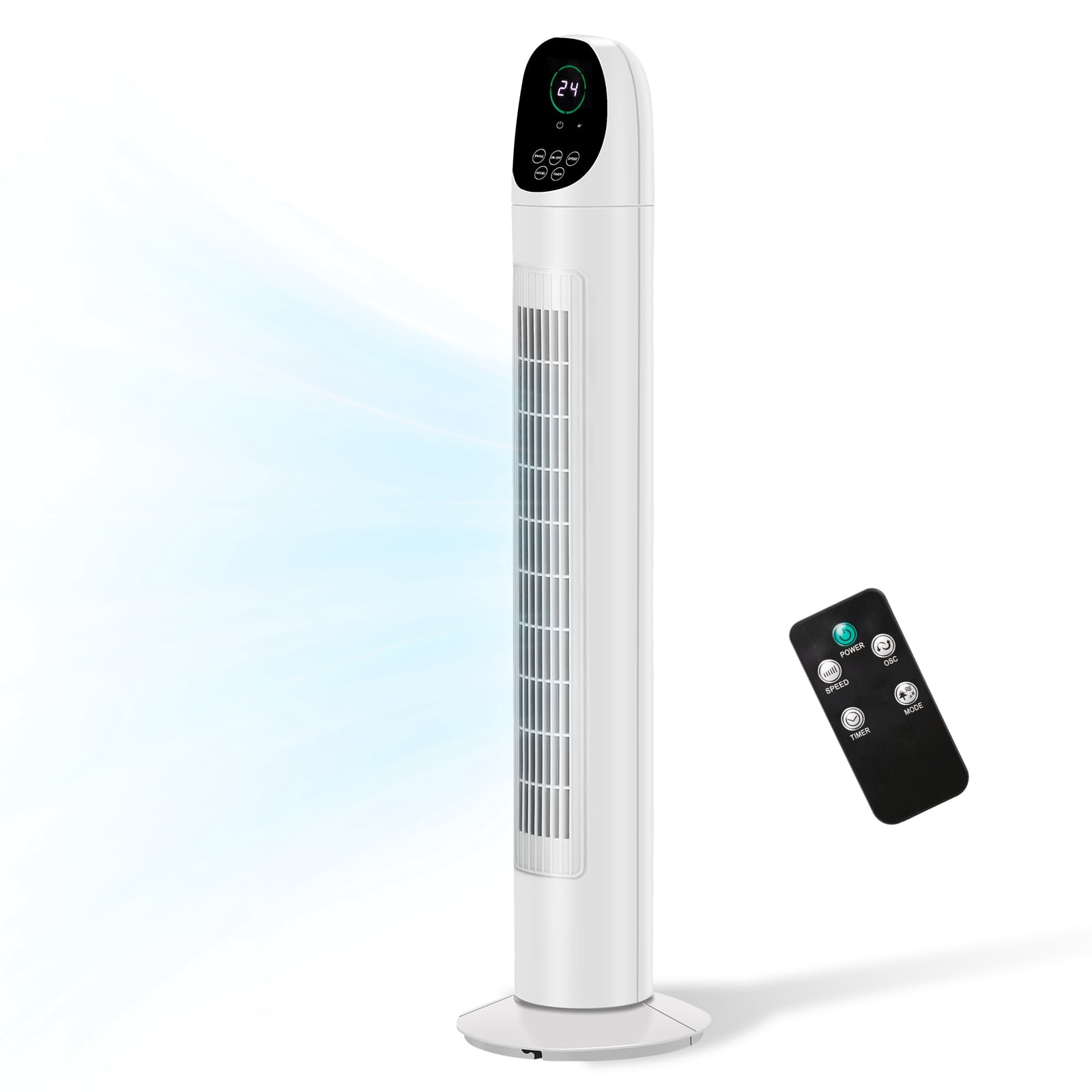 Tower Fan, 110V 50W, 34in, No Water Tank, Remote Control & Digital Display, Plastic Material, Black & White, Concave Arc Head, 9-Hour Timer, Indoor Use