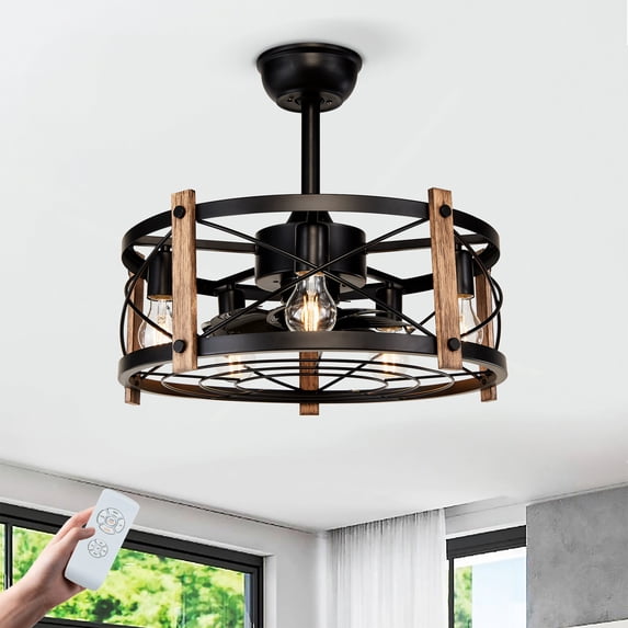 Tower Fan 20'' Cage Ceiling Fan With Remote Control ,Quiet Motor Fan Light , Indoor Chandelier Ceiling Fan For Bedroom, Living room, Dinning Room, Kids Room--Matte Black (bulbs not included.),Pedes
