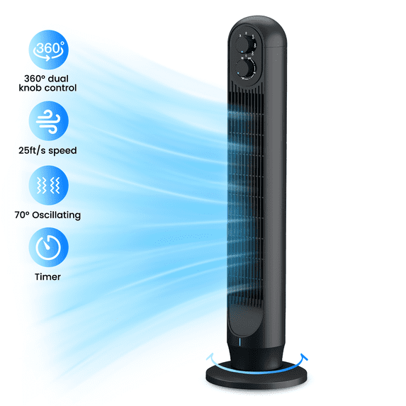 Tower Fan ,31" Oscillating Standing Fan for Home, Floor Fan with 360°Dual Knob Control ,3 Speed ,Timer Bladeless Fan for Bedroom Office ,Black