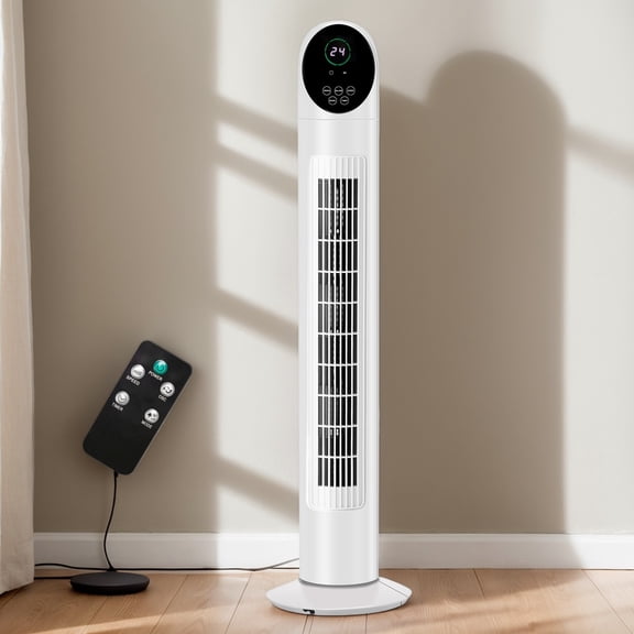 Tower Fan, 34 Inch, 110V 50W, No Water Tank, Digital Display & Remote Control, 9H Timer, Concave Arc Design, Black & White, for Indoor Use