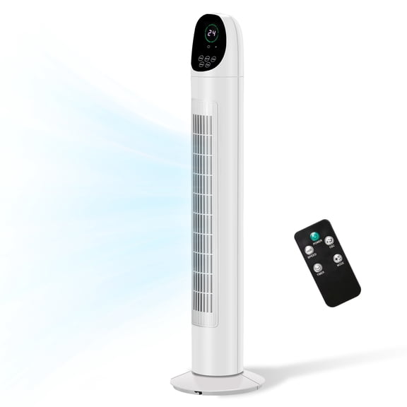 Tower Fan 34 Inch, Remote Control with Digital Display, 9-Hour Timer, Black/White