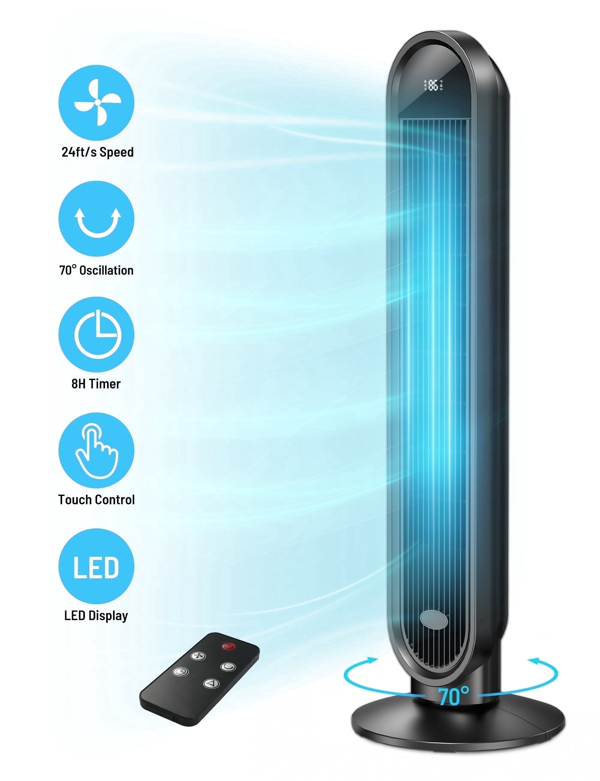 Tower Fan, 38” Standing Fan with Remote,70° Oscillating Fan, 24 ft/s High Velocity, LED Display, 3 Speed Cooling Fan, Bladeless Fan for Home, Bedroom, Offices