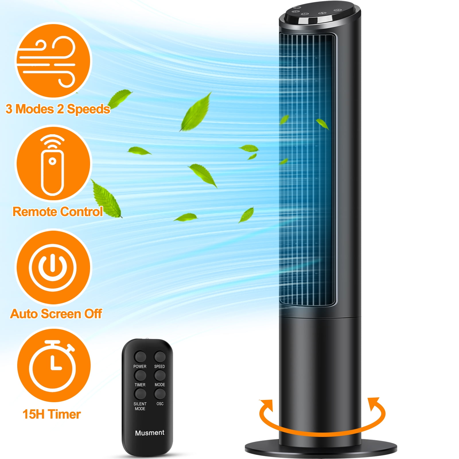 Tower Fan, 40" Standing Floor Fans with Remote, 3-Speed, 15H Timer, LED Display, Oscillating Portable Tower Fans for Home, Bedroom & Office