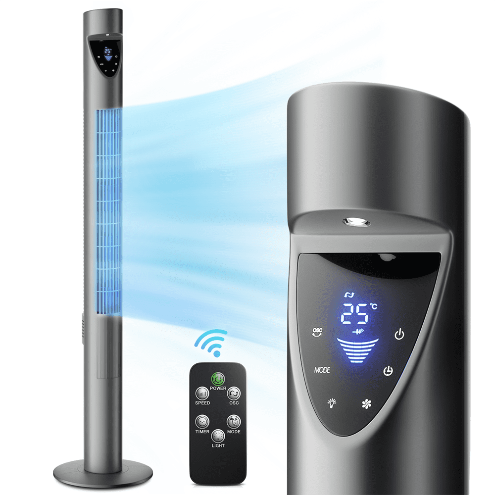Gray 47" Bladeless Oscillating Tower Fan with Remote Control