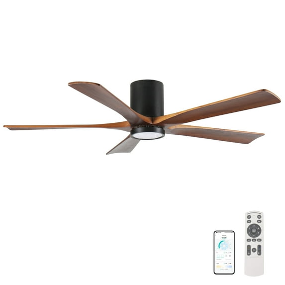 Tower Fan 60'' Ceiling Fan with Light, Flush Mount, 5 Solid Wood Blades, Quiet Reversible DC Motor, APP & Remote Control, Dimmable Full-Spectrum LED, for 20x20 ft Living Room or Bedroom, No-Slope Ce