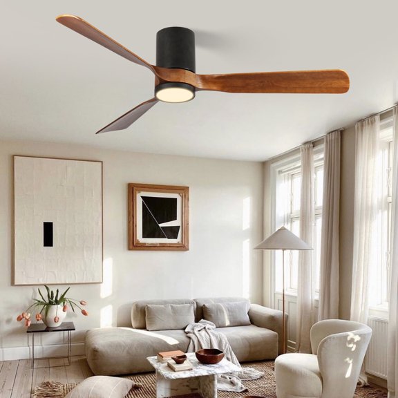 Tower Fan 60 in. LED Indoor/Outdoor Flush Mount Matte Black Ceiling Fan with Wood Blades, 6-Speed DC Remote Control,Box Fan
