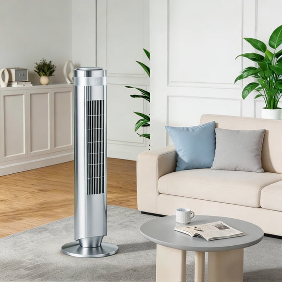 Quiet Tower Fan for Bedroom, Oscillating Fan with Child Lock & Night Light, 28dB, 12H Timer and Remote, 5 Speeds Cooling Fan for Nursery and Home,Silver